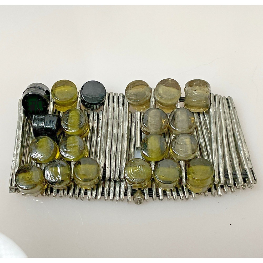 Anne Marie Chagnon Bracelet Modernist Abstract Pewter/Glass Beads Stretch